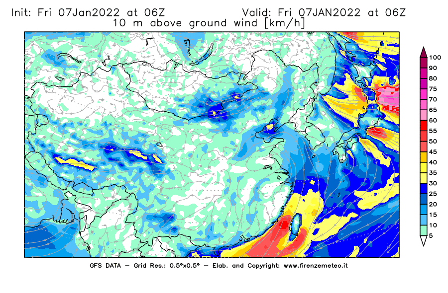 Mappa di analisi GFS - Velocità del vento a 10 metri dal suolo [km/h] in Asia Orientale
							del 07/01/2022 06 <!--googleoff: index-->UTC<!--googleon: index-->