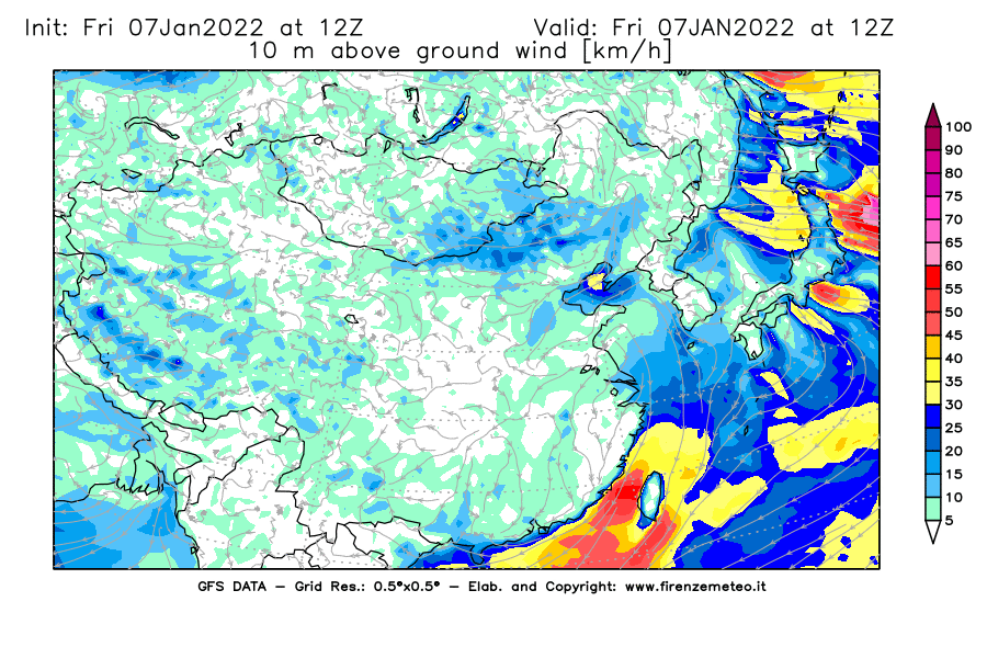 Mappa di analisi GFS - Velocità del vento a 10 metri dal suolo [km/h] in Asia Orientale
							del 07/01/2022 12 <!--googleoff: index-->UTC<!--googleon: index-->