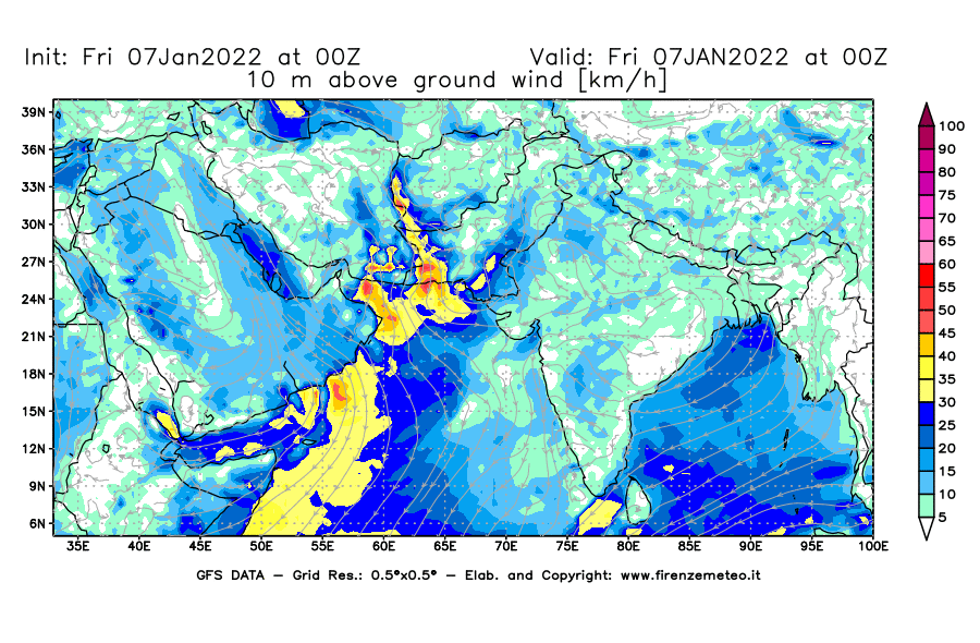 Mappa di analisi GFS - Velocità del vento a 10 metri dal suolo [km/h] in Asia Sud-Occidentale
							del 07/01/2022 00 <!--googleoff: index-->UTC<!--googleon: index-->