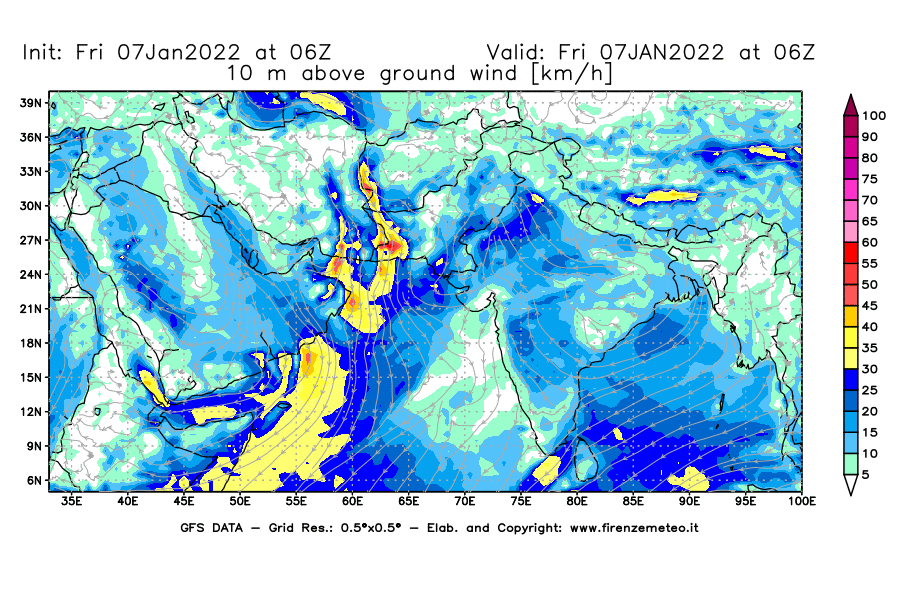 Mappa di analisi GFS - Velocità del vento a 10 metri dal suolo [km/h] in Asia Sud-Occidentale
							del 07/01/2022 06 <!--googleoff: index-->UTC<!--googleon: index-->
