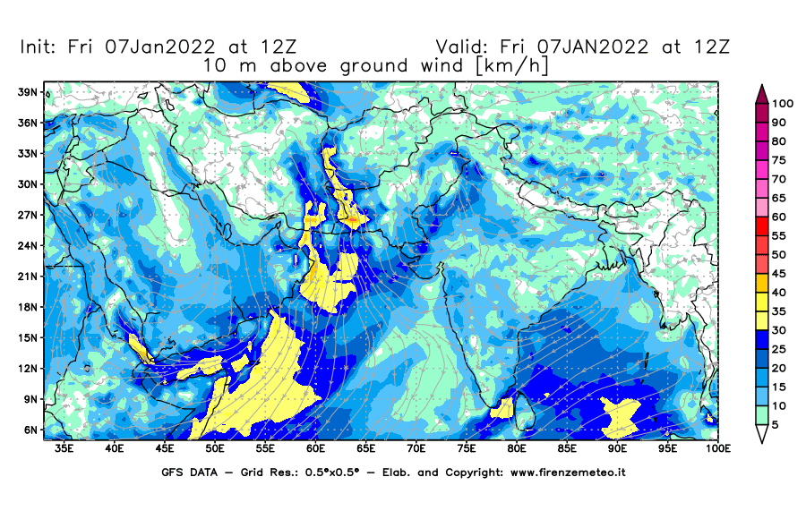 Mappa di analisi GFS - Velocità del vento a 10 metri dal suolo [km/h] in Asia Sud-Occidentale
							del 07/01/2022 12 <!--googleoff: index-->UTC<!--googleon: index-->