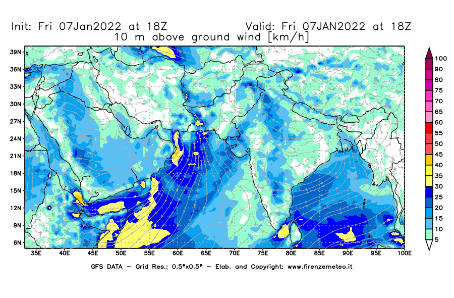 Mappa di analisi GFS - Velocità del vento a 10 metri dal suolo [km/h] in Asia Sud-Occidentale
							del 07/01/2022 18 <!--googleoff: index-->UTC<!--googleon: index-->