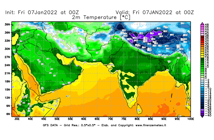 Mappa di analisi GFS - Temperatura a 2 metri dal suolo [°C] in Asia Sud-Occidentale
							del 07/01/2022 00 <!--googleoff: index-->UTC<!--googleon: index-->