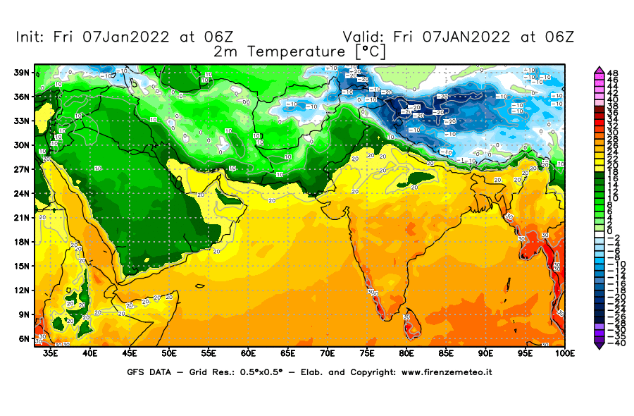 Mappa di analisi GFS - Temperatura a 2 metri dal suolo [°C] in Asia Sud-Occidentale
							del 07/01/2022 06 <!--googleoff: index-->UTC<!--googleon: index-->