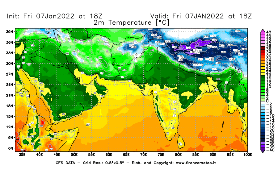 Mappa di analisi GFS - Temperatura a 2 metri dal suolo [°C] in Asia Sud-Occidentale
							del 07/01/2022 18 <!--googleoff: index-->UTC<!--googleon: index-->