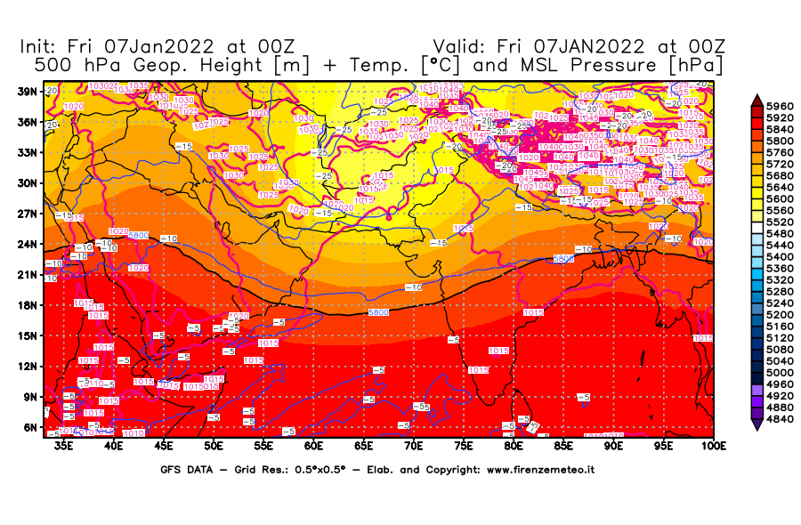 Mappa di analisi GFS - Geopotenziale [m] + Temp. [°C] a 500 hPa + Press. a livello del mare [hPa] in Asia Sud-Occidentale
							del 07/01/2022 00 <!--googleoff: index-->UTC<!--googleon: index-->