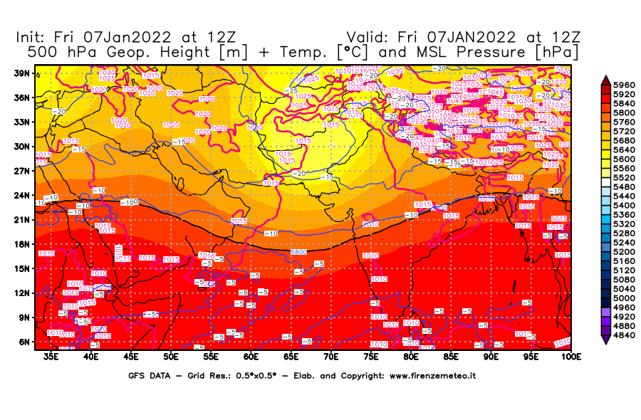 Mappa di analisi GFS - Geopotenziale [m] + Temp. [°C] a 500 hPa + Press. a livello del mare [hPa] in Asia Sud-Occidentale
							del 07/01/2022 12 <!--googleoff: index-->UTC<!--googleon: index-->