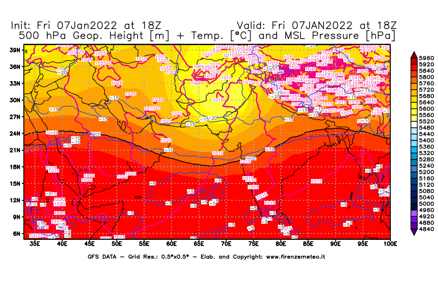 Mappa di analisi GFS - Geopotenziale [m] + Temp. [°C] a 500 hPa + Press. a livello del mare [hPa] in Asia Sud-Occidentale
							del 07/01/2022 18 <!--googleoff: index-->UTC<!--googleon: index-->