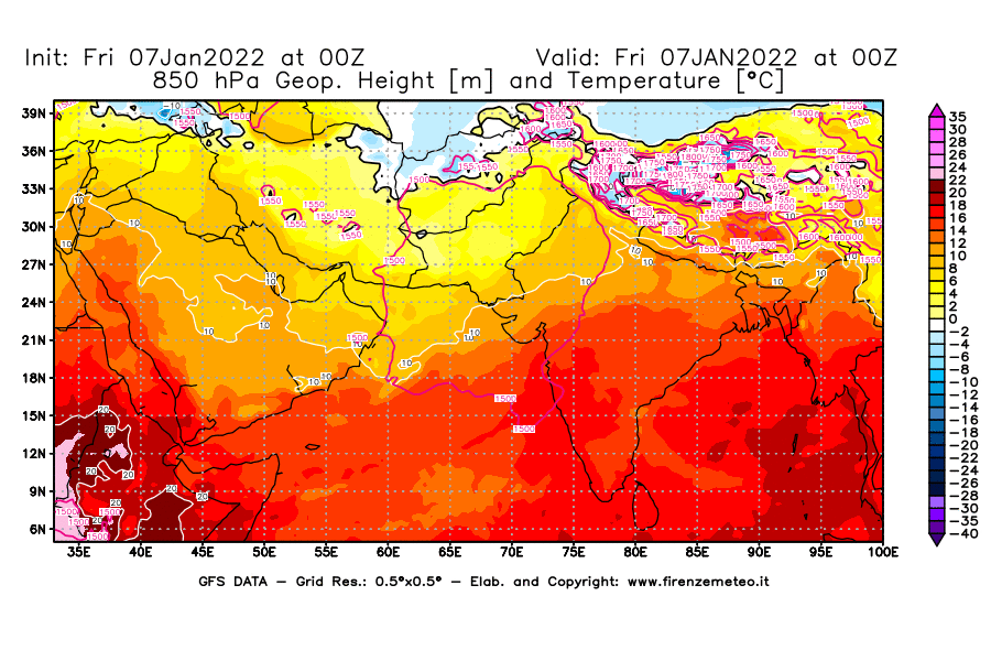Mappa di analisi GFS - Geopotenziale [m] e Temperatura [°C] a 850 hPa in Asia Sud-Occidentale
							del 07/01/2022 00 <!--googleoff: index-->UTC<!--googleon: index-->