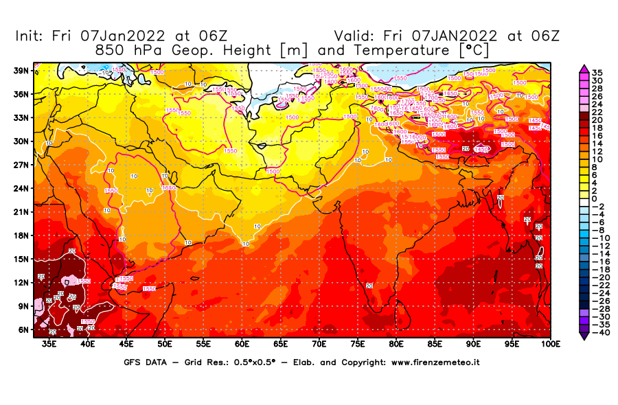 Mappa di analisi GFS - Geopotenziale [m] e Temperatura [°C] a 850 hPa in Asia Sud-Occidentale
							del 07/01/2022 06 <!--googleoff: index-->UTC<!--googleon: index-->