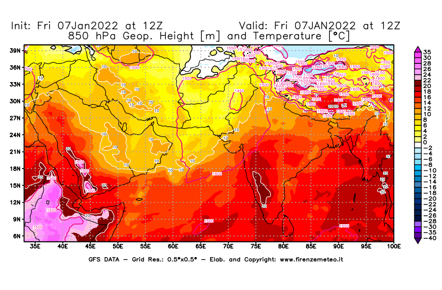 Mappa di analisi GFS - Geopotenziale [m] e Temperatura [°C] a 850 hPa in Asia Sud-Occidentale
							del 07/01/2022 12 <!--googleoff: index-->UTC<!--googleon: index-->