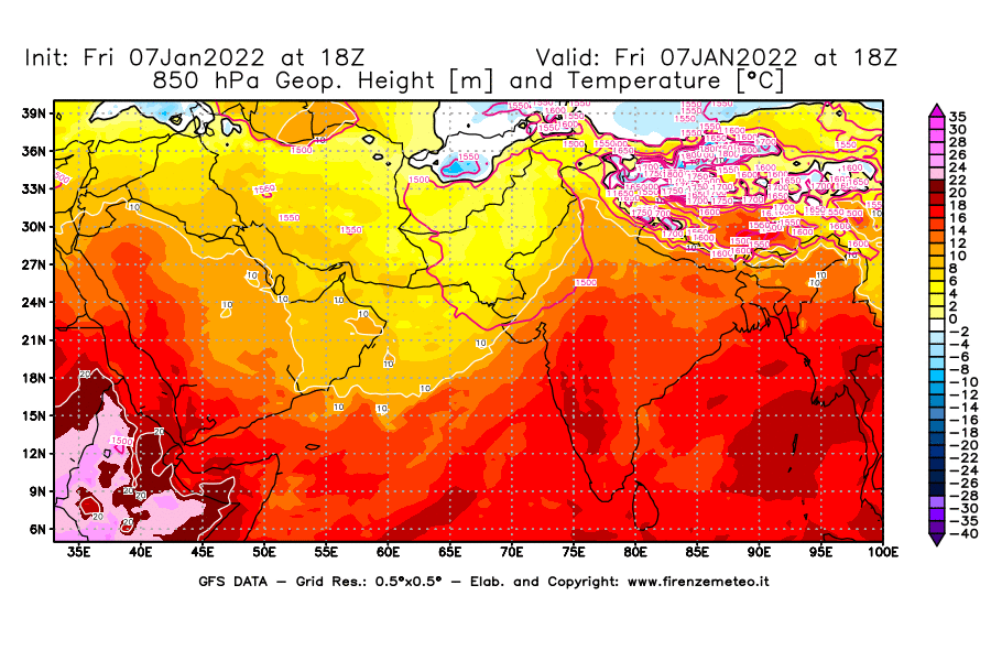 Mappa di analisi GFS - Geopotenziale [m] e Temperatura [°C] a 850 hPa in Asia Sud-Occidentale
							del 07/01/2022 18 <!--googleoff: index-->UTC<!--googleon: index-->