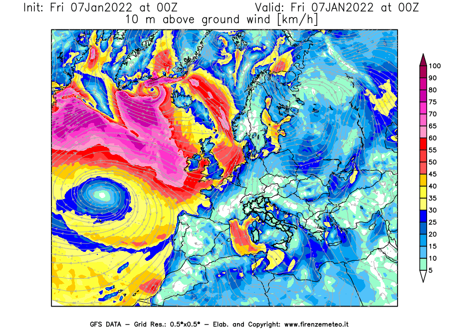 Mappa di analisi GFS - Velocità del vento a 10 metri dal suolo [km/h] in Europa
							del 07/01/2022 00 <!--googleoff: index-->UTC<!--googleon: index-->