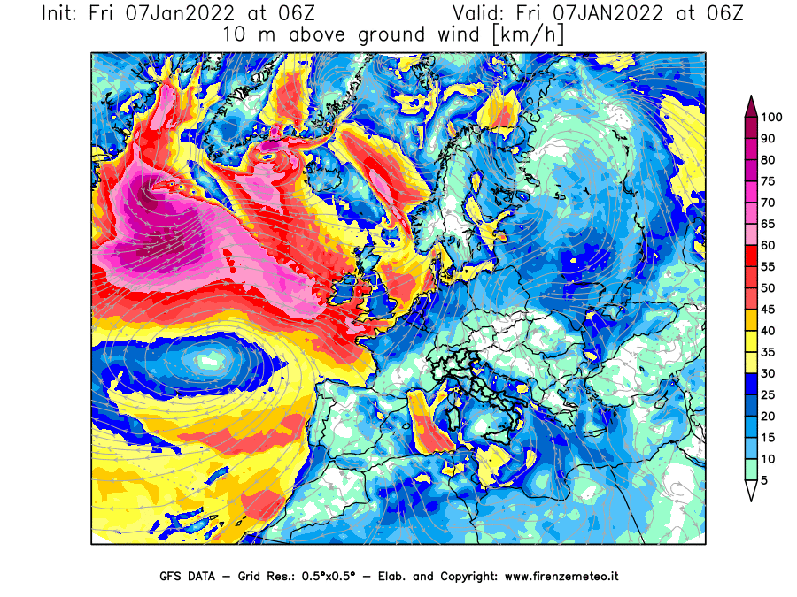 Mappa di analisi GFS - Velocità del vento a 10 metri dal suolo [km/h] in Europa
							del 07/01/2022 06 <!--googleoff: index-->UTC<!--googleon: index-->