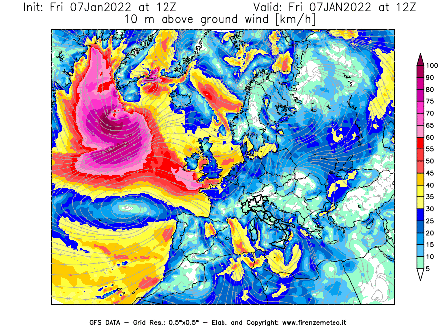 Mappa di analisi GFS - Velocità del vento a 10 metri dal suolo [km/h] in Europa
							del 07/01/2022 12 <!--googleoff: index-->UTC<!--googleon: index-->