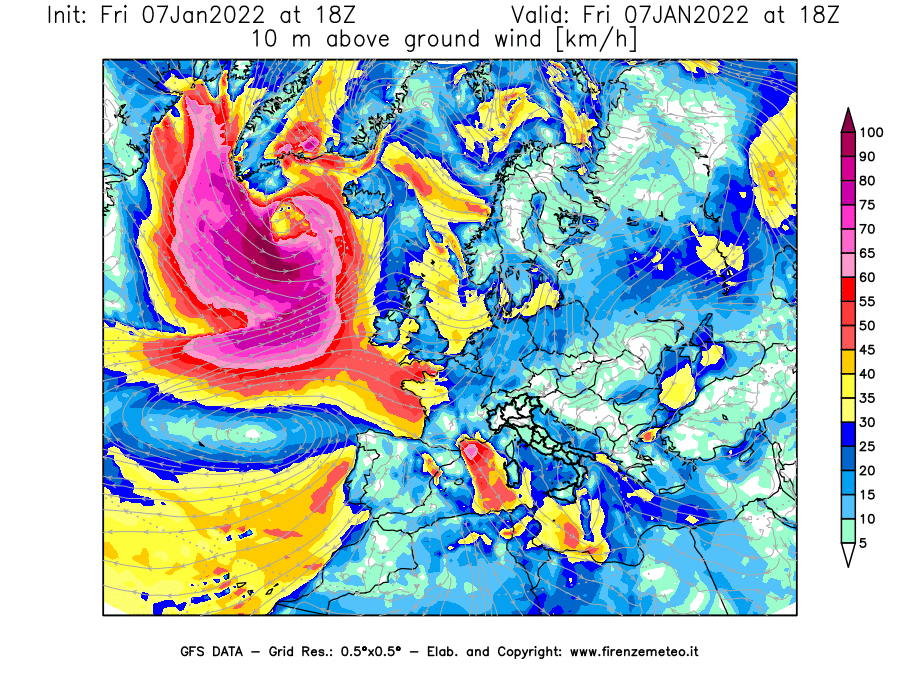 Mappa di analisi GFS - Velocità del vento a 10 metri dal suolo [km/h] in Europa
							del 07/01/2022 18 <!--googleoff: index-->UTC<!--googleon: index-->