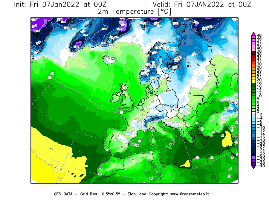 Mappa di analisi GFS - Temperatura a 2 metri dal suolo [°C] in Europa
							del 07/01/2022 00 <!--googleoff: index-->UTC<!--googleon: index-->