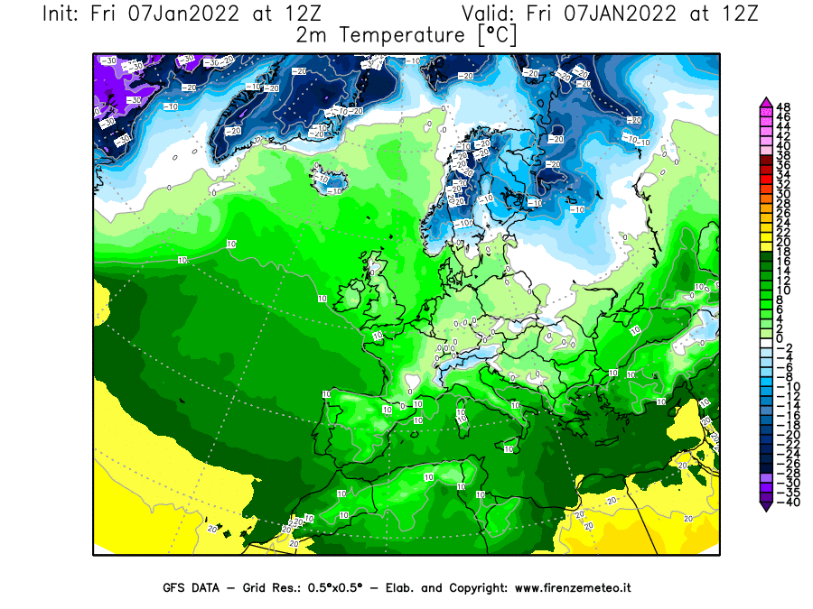 Mappa di analisi GFS - Temperatura a 2 metri dal suolo [°C] in Europa
							del 07/01/2022 12 <!--googleoff: index-->UTC<!--googleon: index-->
