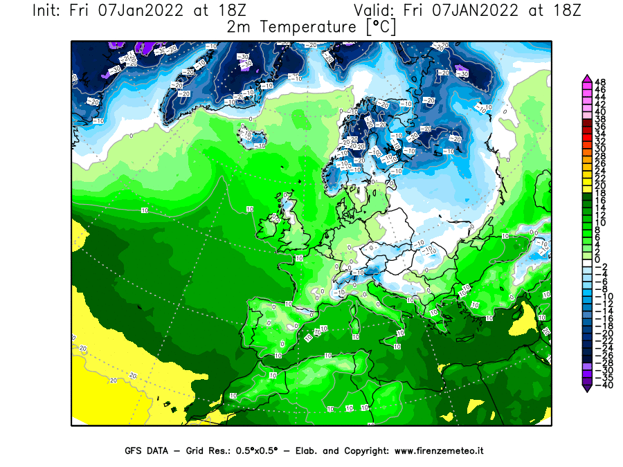 Mappa di analisi GFS - Temperatura a 2 metri dal suolo [°C] in Europa
							del 07/01/2022 18 <!--googleoff: index-->UTC<!--googleon: index-->