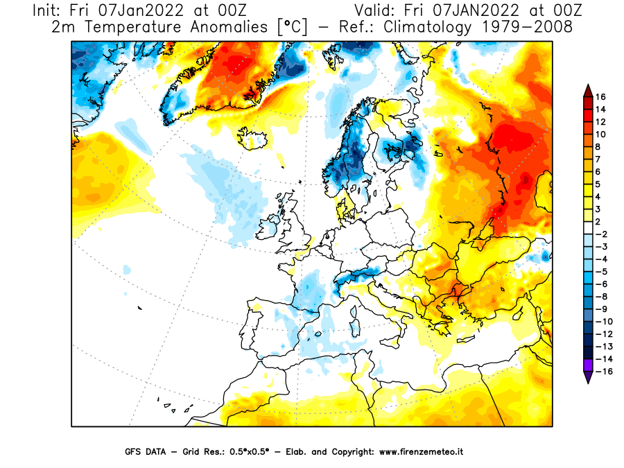 Mappa di analisi GFS - Anomalia Temperatura [°C] a 2 m in Europa
							del 07/01/2022 00 <!--googleoff: index-->UTC<!--googleon: index-->