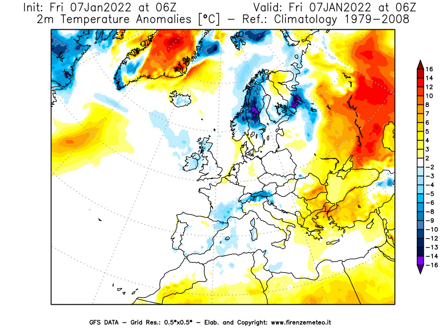 Mappa di analisi GFS - Anomalia Temperatura [°C] a 2 m in Europa
							del 07/01/2022 06 <!--googleoff: index-->UTC<!--googleon: index-->