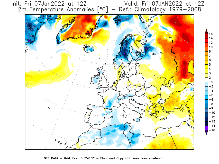Mappa di analisi GFS - Anomalia Temperatura [°C] a 2 m in Europa
							del 07/01/2022 12 <!--googleoff: index-->UTC<!--googleon: index-->