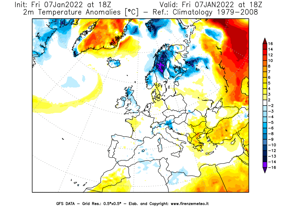 Mappa di analisi GFS - Anomalia Temperatura [°C] a 2 m in Europa
							del 07/01/2022 18 <!--googleoff: index-->UTC<!--googleon: index-->