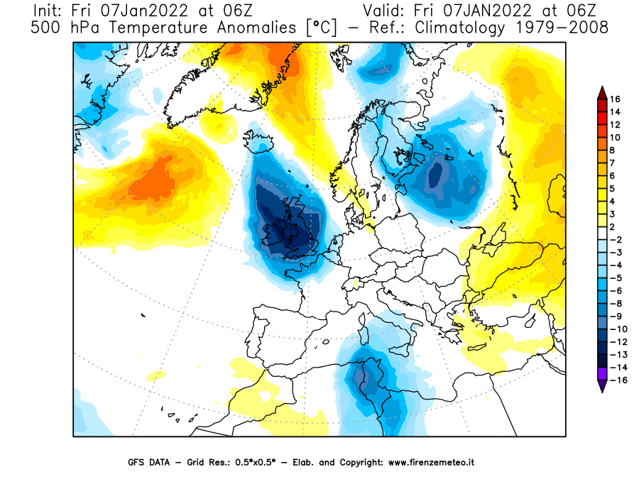 Mappa di analisi GFS - Anomalia Temperatura [°C] a 500 hPa in Europa
							del 07/01/2022 06 <!--googleoff: index-->UTC<!--googleon: index-->