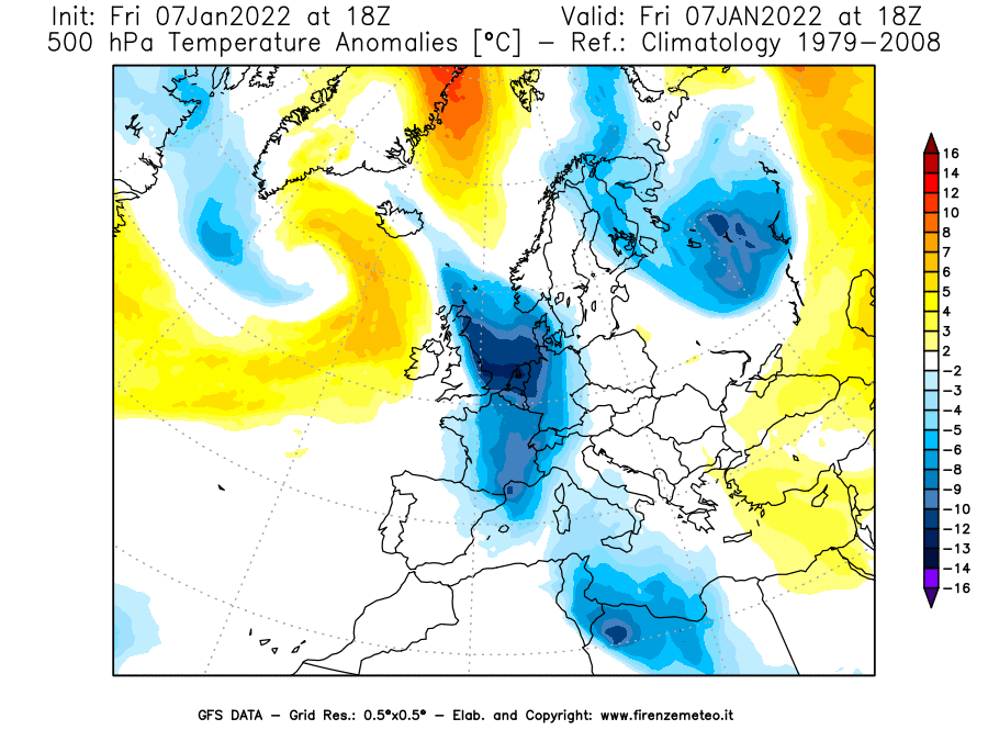Mappa di analisi GFS - Anomalia Temperatura [°C] a 500 hPa in Europa
							del 07/01/2022 18 <!--googleoff: index-->UTC<!--googleon: index-->