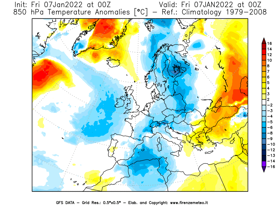 Mappa di analisi GFS - Anomalia Temperatura [°C] a 850 hPa in Europa
							del 07/01/2022 00 <!--googleoff: index-->UTC<!--googleon: index-->