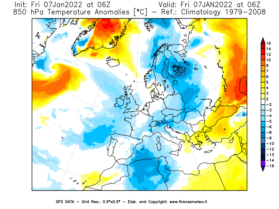 Mappa di analisi GFS - Anomalia Temperatura [°C] a 850 hPa in Europa
							del 07/01/2022 06 <!--googleoff: index-->UTC<!--googleon: index-->