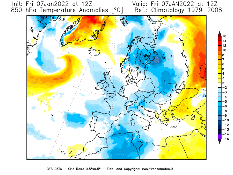 Mappa di analisi GFS - Anomalia Temperatura [°C] a 850 hPa in Europa
							del 07/01/2022 12 <!--googleoff: index-->UTC<!--googleon: index-->