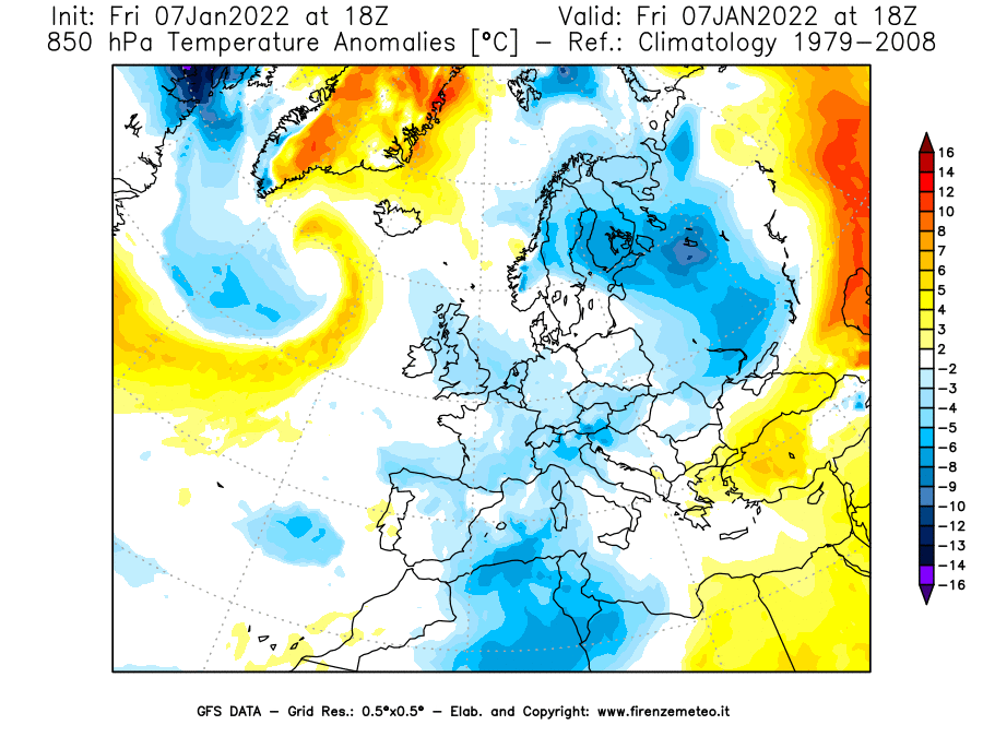 Mappa di analisi GFS - Anomalia Temperatura [°C] a 850 hPa in Europa
							del 07/01/2022 18 <!--googleoff: index-->UTC<!--googleon: index-->