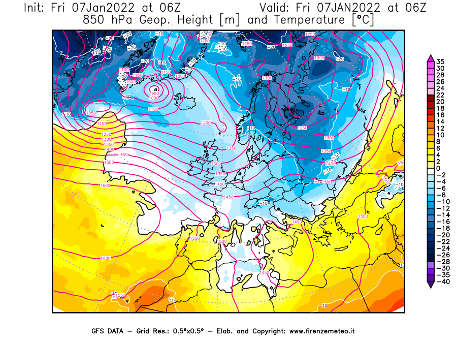 Mappa di analisi GFS - Geopotenziale [m] e Temperatura [°C] a 850 hPa in Europa
							del 07/01/2022 06 <!--googleoff: index-->UTC<!--googleon: index-->