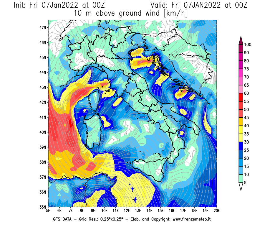 Mappa di analisi GFS - Velocità del vento a 10 metri dal suolo [km/h] in Italia
							del 07/01/2022 00 <!--googleoff: index-->UTC<!--googleon: index-->