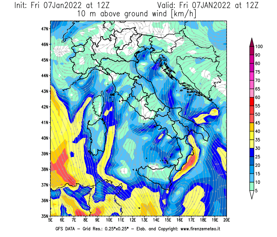 Mappa di analisi GFS - Velocità del vento a 10 metri dal suolo [km/h] in Italia
							del 07/01/2022 12 <!--googleoff: index-->UTC<!--googleon: index-->