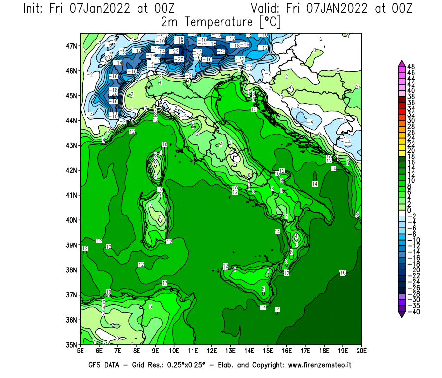 Mappa di analisi GFS - Temperatura a 2 metri dal suolo [°C] in Italia
							del 07/01/2022 00 <!--googleoff: index-->UTC<!--googleon: index-->