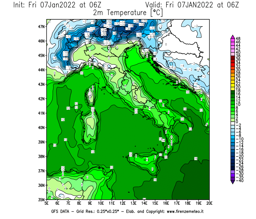 Mappa di analisi GFS - Temperatura a 2 metri dal suolo [°C] in Italia
							del 07/01/2022 06 <!--googleoff: index-->UTC<!--googleon: index-->