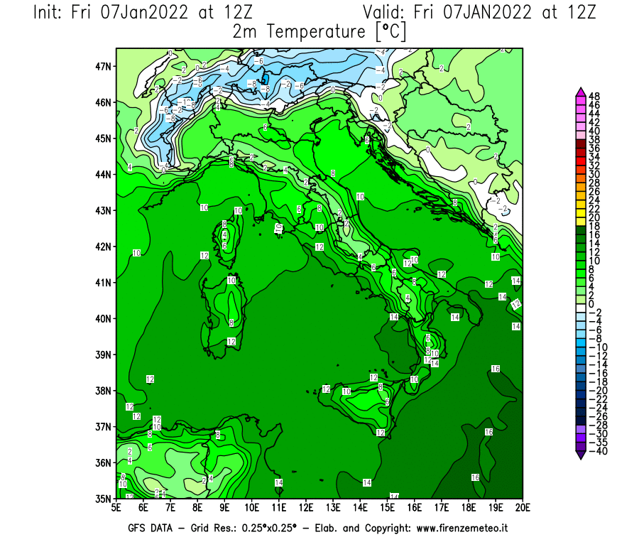 Mappa di analisi GFS - Temperatura a 2 metri dal suolo [°C] in Italia
							del 07/01/2022 12 <!--googleoff: index-->UTC<!--googleon: index-->