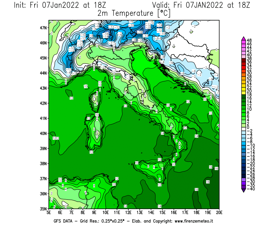 Mappa di analisi GFS - Temperatura a 2 metri dal suolo [°C] in Italia
							del 07/01/2022 18 <!--googleoff: index-->UTC<!--googleon: index-->