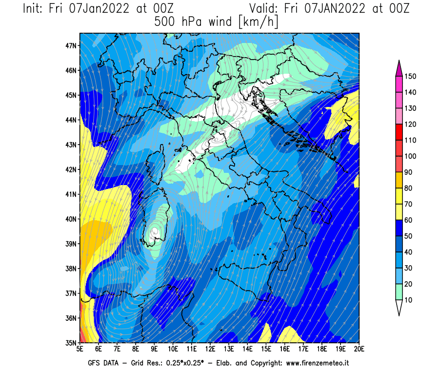 Mappa di analisi GFS - Velocità del vento a 500 hPa [km/h] in Italia
							del 07/01/2022 00 <!--googleoff: index-->UTC<!--googleon: index-->