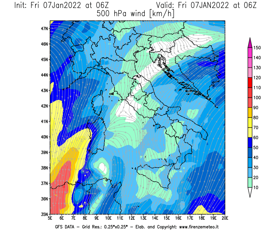 Mappa di analisi GFS - Velocità del vento a 500 hPa [km/h] in Italia
							del 07/01/2022 06 <!--googleoff: index-->UTC<!--googleon: index-->