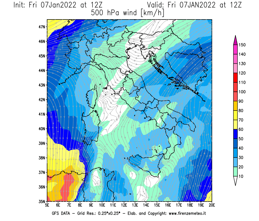 Mappa di analisi GFS - Velocità del vento a 500 hPa [km/h] in Italia
							del 07/01/2022 12 <!--googleoff: index-->UTC<!--googleon: index-->