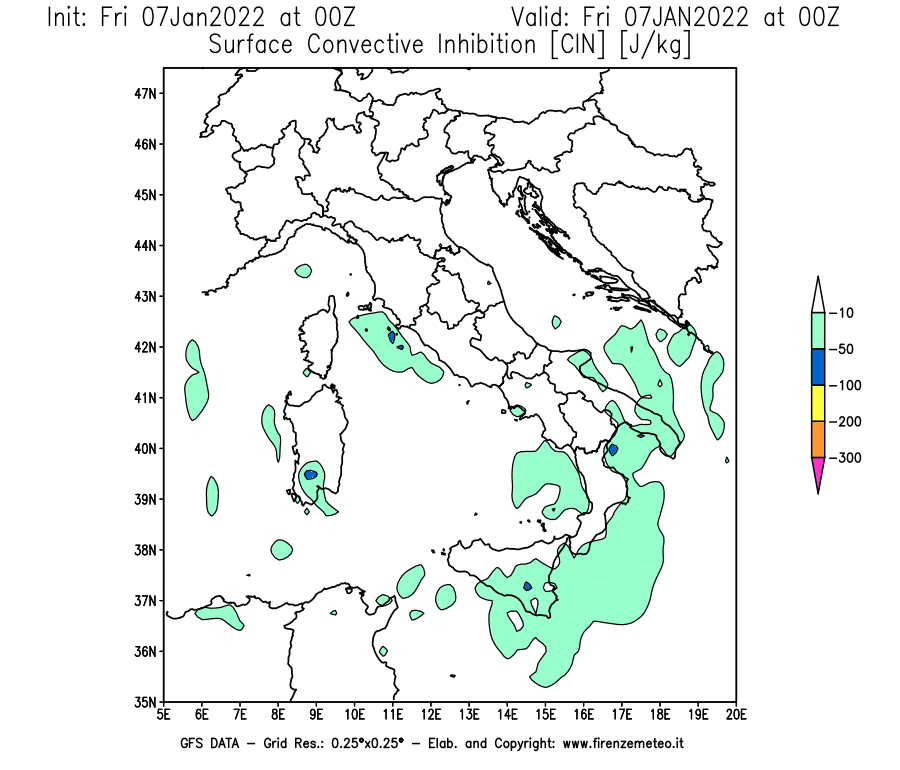Mappa di analisi GFS - CIN [J/kg] in Italia
							del 07/01/2022 00 <!--googleoff: index-->UTC<!--googleon: index-->
