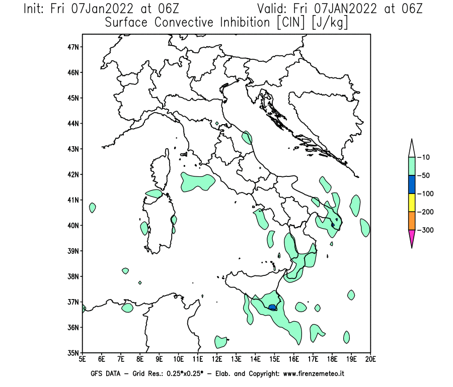 Mappa di analisi GFS - CIN [J/kg] in Italia
							del 07/01/2022 06 <!--googleoff: index-->UTC<!--googleon: index-->