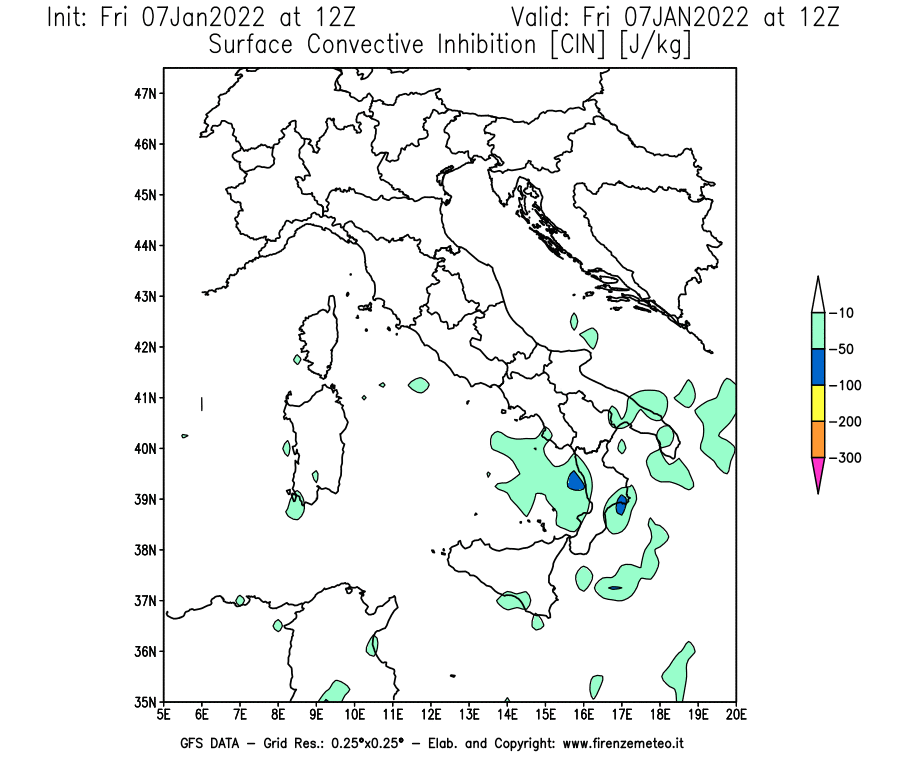 Mappa di analisi GFS - CIN [J/kg] in Italia
							del 07/01/2022 12 <!--googleoff: index-->UTC<!--googleon: index-->