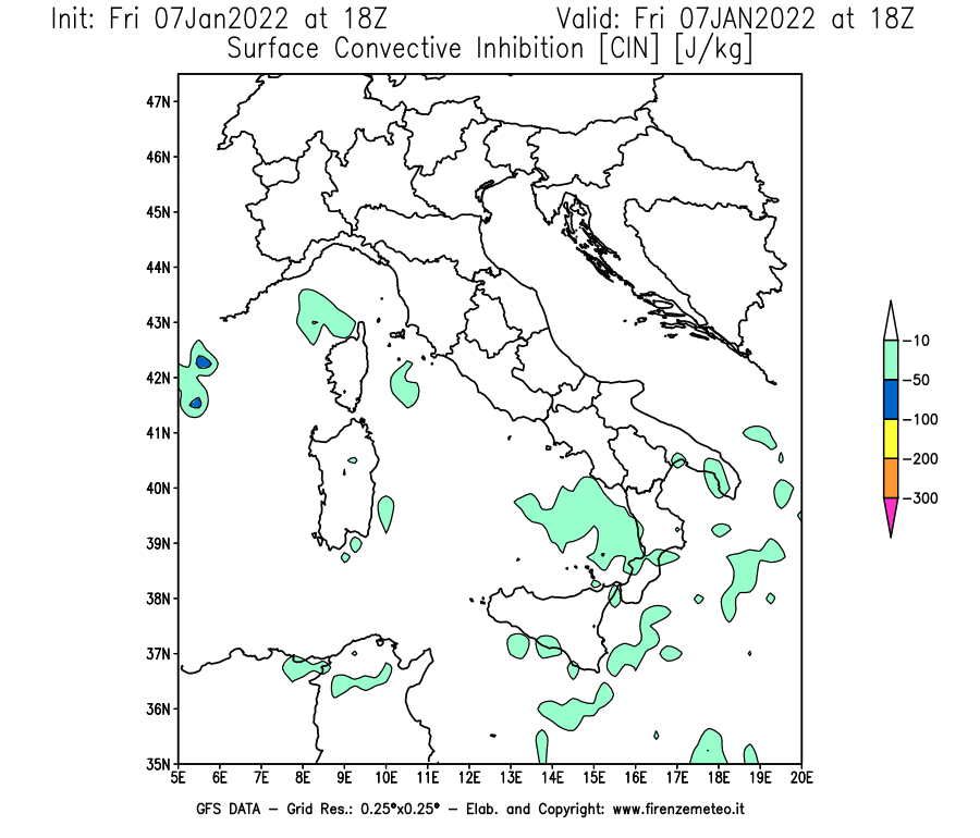 Mappa di analisi GFS - CIN [J/kg] in Italia
							del 07/01/2022 18 <!--googleoff: index-->UTC<!--googleon: index-->