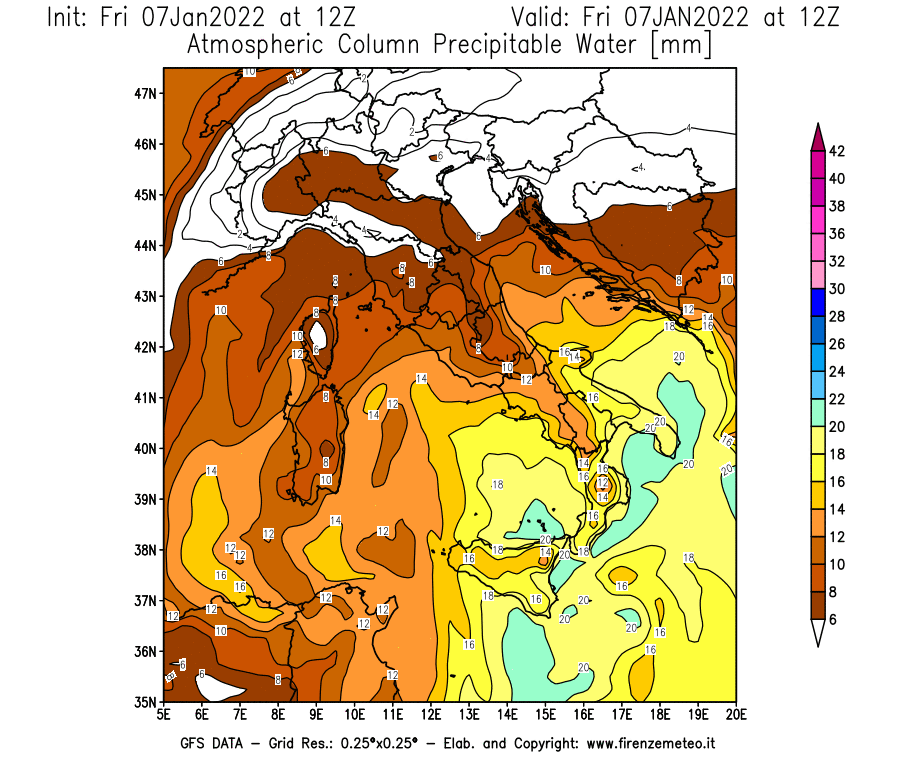 Mappa di analisi GFS - Precipitable Water [mm] in Italia
							del 07/01/2022 12 <!--googleoff: index-->UTC<!--googleon: index-->