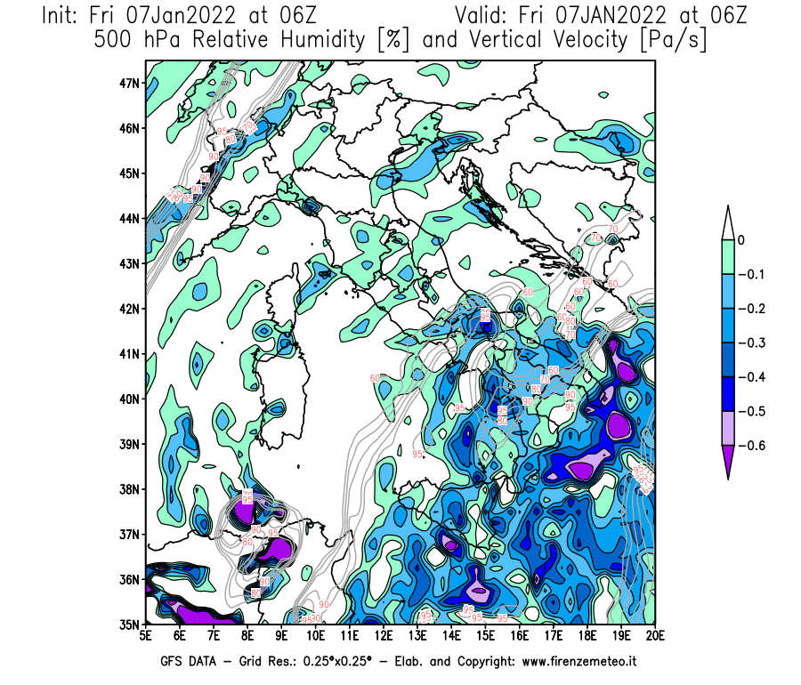 Mappa di analisi GFS - Umidità relativa [%] e Omega [Pa/s] a 500 hPa in Italia
							del 07/01/2022 06 <!--googleoff: index-->UTC<!--googleon: index-->