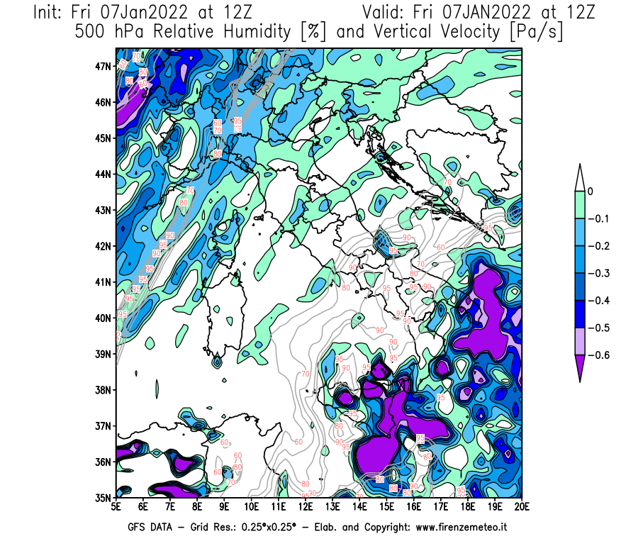 Mappa di analisi GFS - Umidità relativa [%] e Omega [Pa/s] a 500 hPa in Italia
							del 07/01/2022 12 <!--googleoff: index-->UTC<!--googleon: index-->